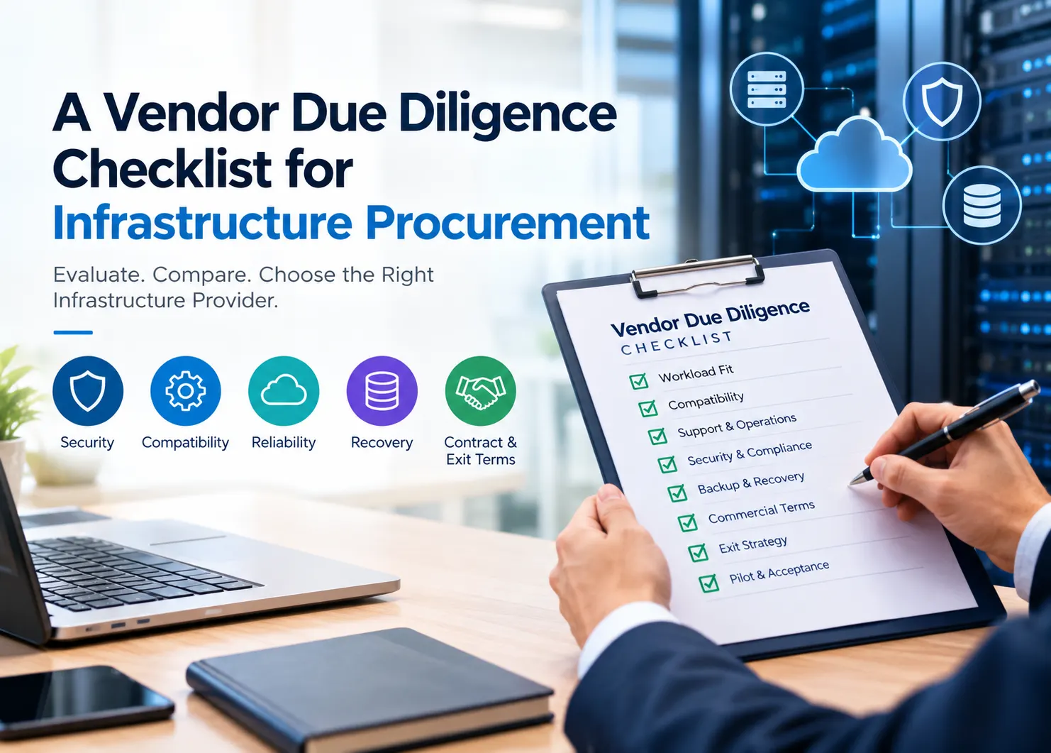 Professional infrastructure procurement banner showing a server rack, cloud infrastructure, vendor evaluation documents, security checks, support workflows, recovery planning, and data management concepts in a modern business technology environment, representing a structured due diligence process for selecting reliable infrastructure providers.
